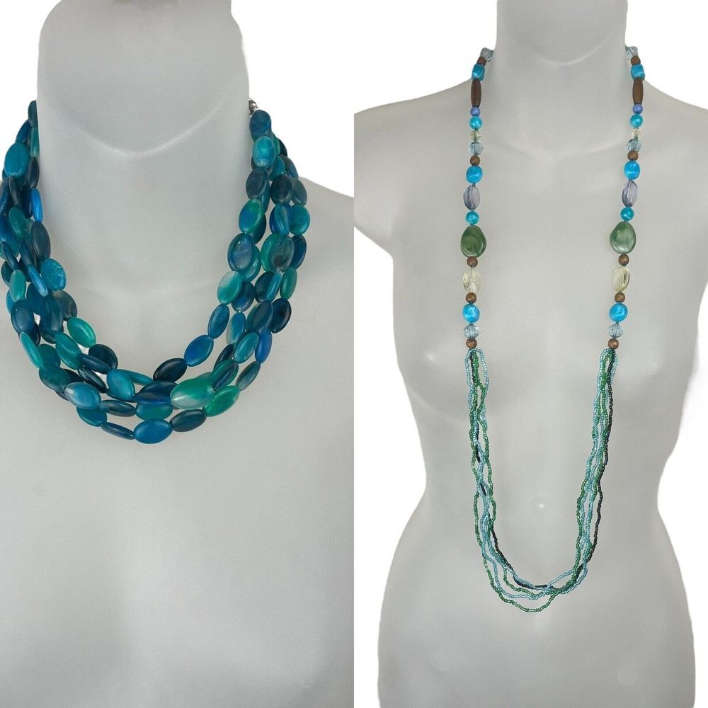 Vintage Chunky Green Blue Necklace Set Of 2 Emerald Teal Aqua Wood Beads Stones